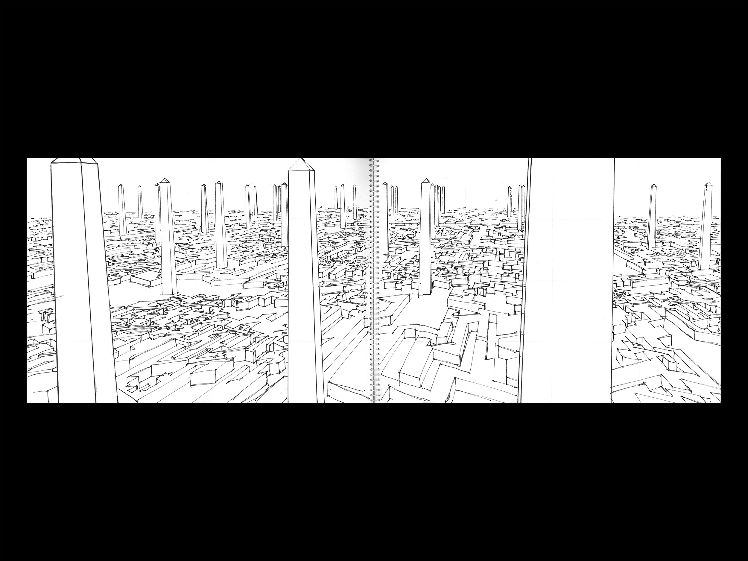 Eine Zeichnung einer Architekturutopie von Hubert Matthaeus Pfaffenbichler.